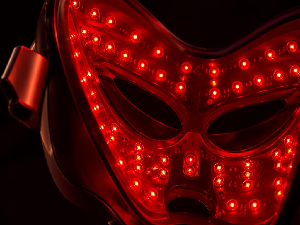 Close-up of Omnilux mask interior with rows of glowing red LED bulbs