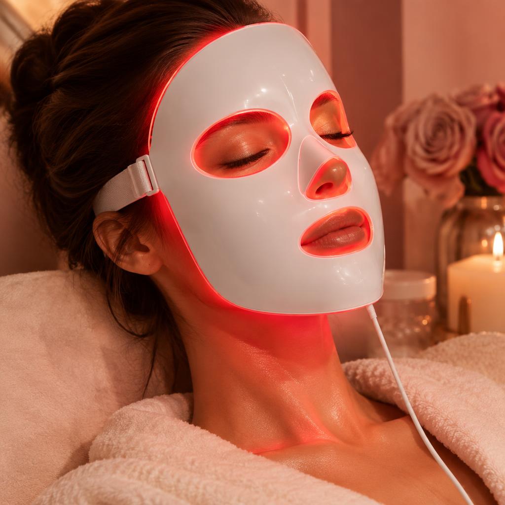 Woman relaxing at home while wearing the Omnilux red light therapy mask